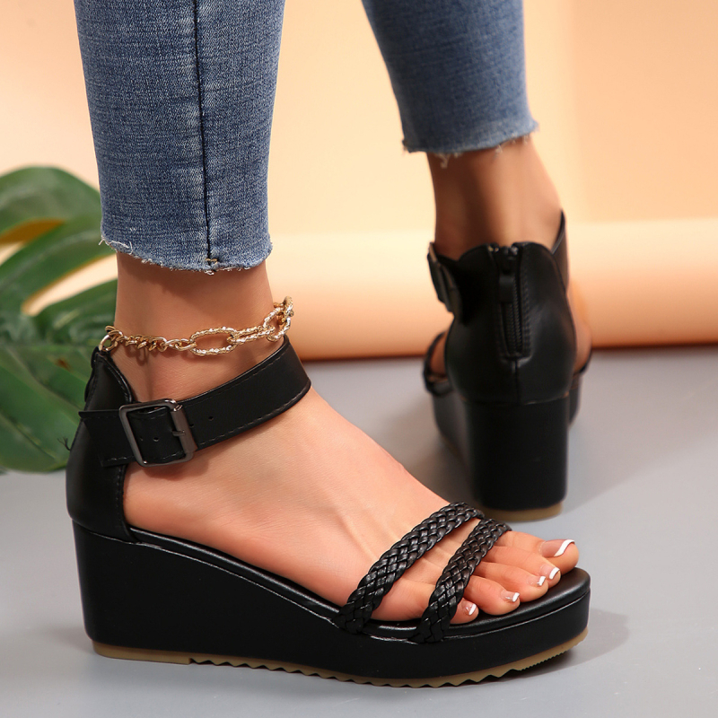 Dámske kožené sandále s hrubou podrážkou a zapletenou prackou, pohodlné, ležérne, denné, čierne
