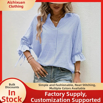 Amazon europska i američka prugasta ležerna košulja s prorezom na leđima, V izrezom, moderna i svestrana košulja s prekograničnim europskim i američkim prugama