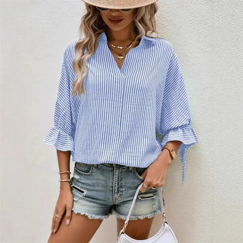 Amazon europska i američka prugasta ležerna košulja s prorezom na leđima, V izrezom, moderna i svestrana košulja s prekograničnim europskim i američkim prugama