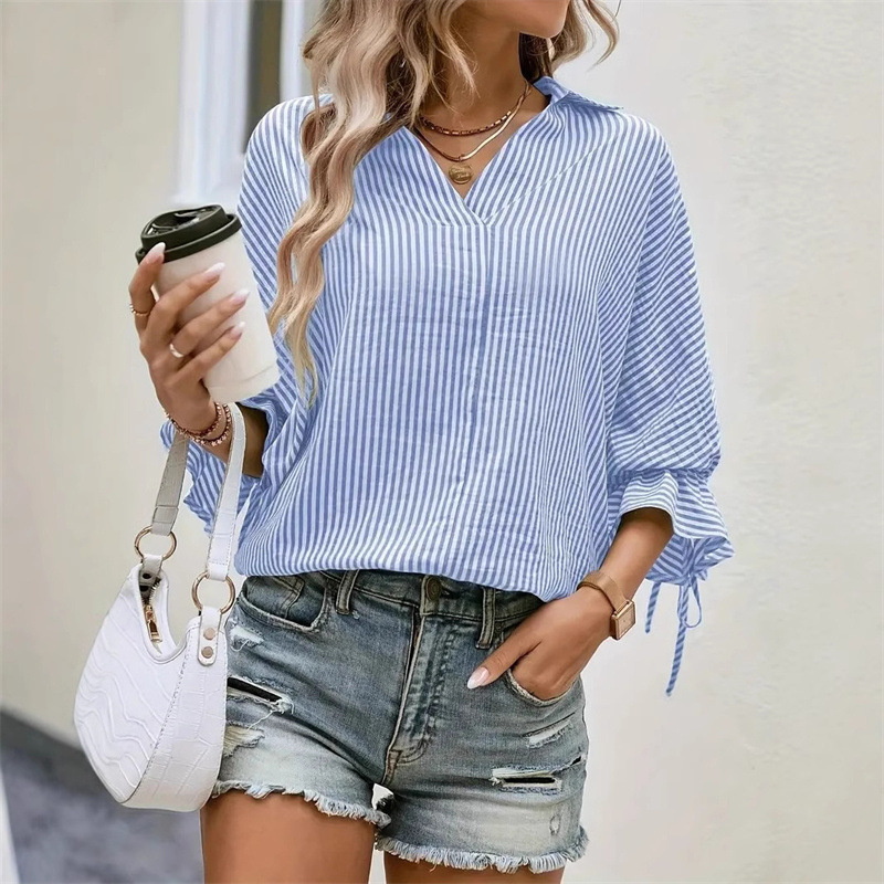 Amazon europska i američka prugasta ležerna košulja s prorezom na leđima, V izrezom, moderna i svestrana košulja s prekograničnim europskim i američkim prugama