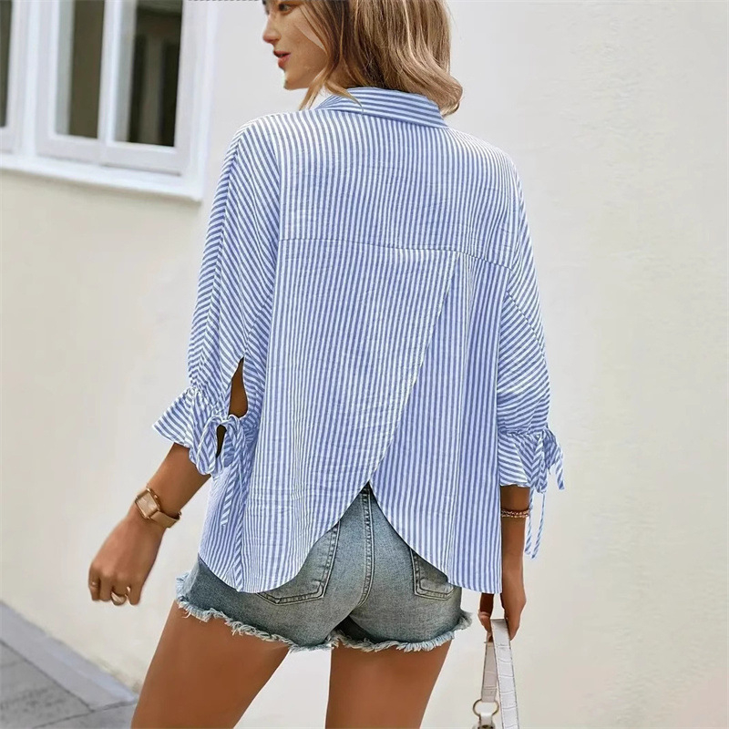 Amazon europska i američka prugasta ležerna košulja s prorezom na leđima, V izrezom, moderna i svestrana košulja s prekograničnim europskim i američkim prugama