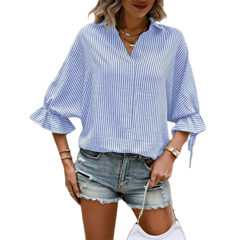 Amazon europska i američka prugasta ležerna košulja s prorezom na leđima, V izrezom, moderna i svestrana košulja s prekograničnim europskim i američkim prugama
