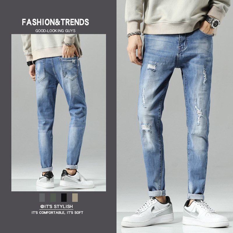 Pánske džínsy Cross-Border, svetlomodré, úzke, strečové, ležérne, módne, úzke, zahraničný obchod, pánsky nový slim fit