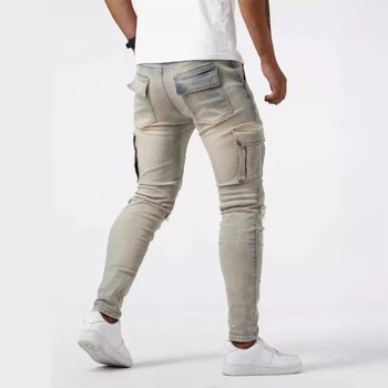 Raktáron lévő lyukas cargo nadrágok, új európai és amerikai stílusú férfi farmer oldalsó zsebekkel, karcsúsított skinny farmer