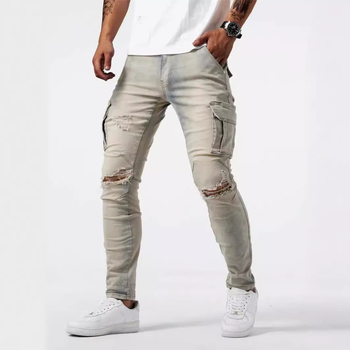 Raktáron lévő lyukas cargo nadrágok, új európai és amerikai stílusú férfi farmer oldalsó zsebekkel, karcsúsított skinny farmer