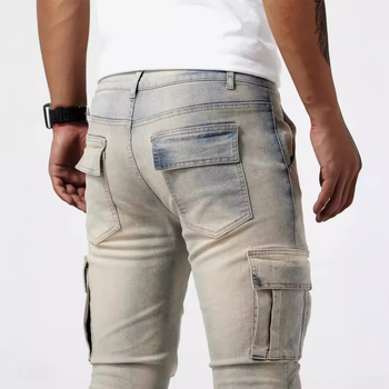 Raktáron lévő lyukas cargo nadrágok, új európai és amerikai stílusú férfi farmer oldalsó zsebekkel, karcsúsított skinny farmer