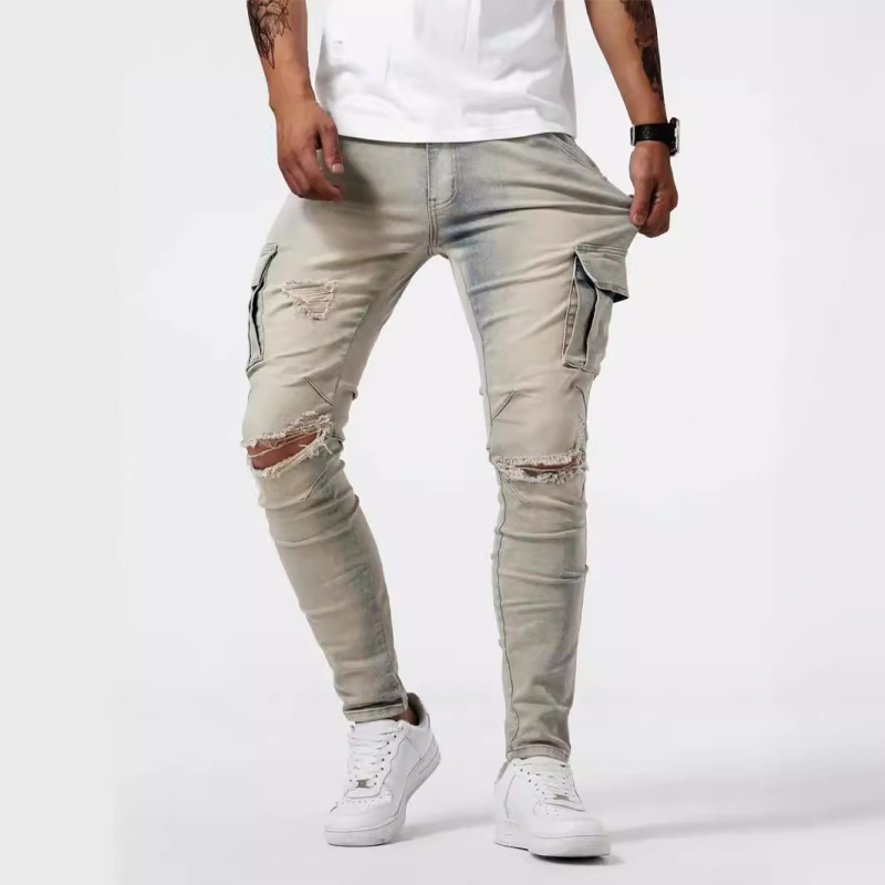Raktáron lévő lyukas cargo nadrágok, új európai és amerikai stílusú férfi farmer oldalsó zsebekkel, karcsúsított skinny farmer