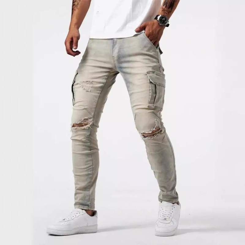 Raktáron lévő lyukas cargo nadrágok, új európai és amerikai stílusú férfi farmer oldalsó zsebekkel, karcsúsított skinny farmer
