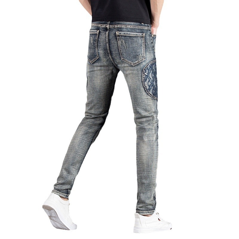 Nove jesenske i zimske traperice za muškarce, vezene patchwork elastične, uske, trendi, marke, ležerne, male muške hlače