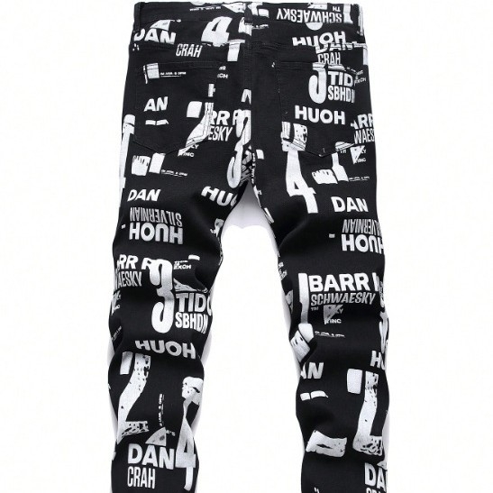 Nove muške hlače s digitalnim printom u europskom i američkom stilu, uske cvjetne hlače, visokokvalitetne rastezljive crne traperice