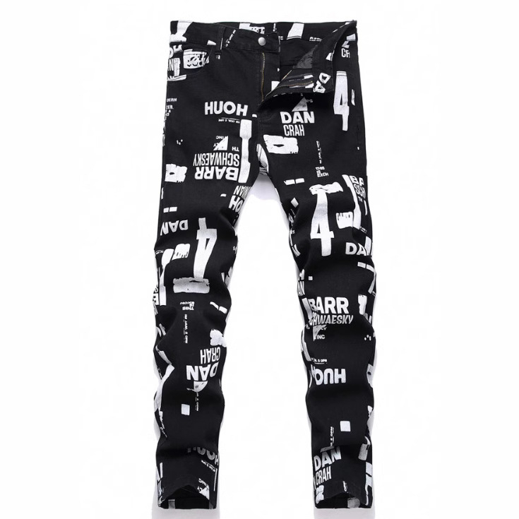 Nove muške hlače s digitalnim printom u europskom i američkom stilu, uske cvjetne hlače, visokokvalitetne rastezljive crne traperice