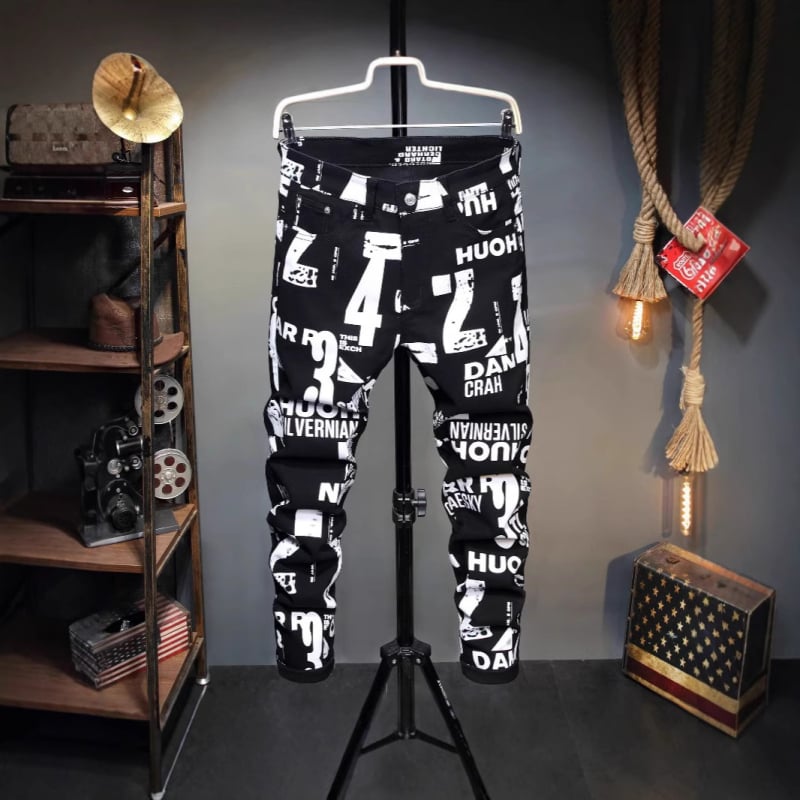 Nove muške hlače s digitalnim printom u europskom i američkom stilu, uske cvjetne hlače, visokokvalitetne rastezljive crne traperice