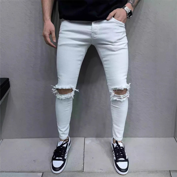 Nove muške europske i američke uske modne ležerne jednobojne tajice s rupicama