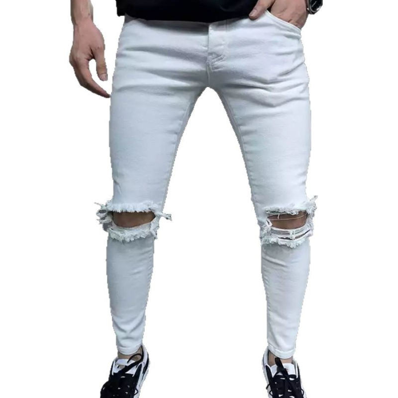 Nove muške europske i američke uske modne ležerne jednobojne tajice s rupicama