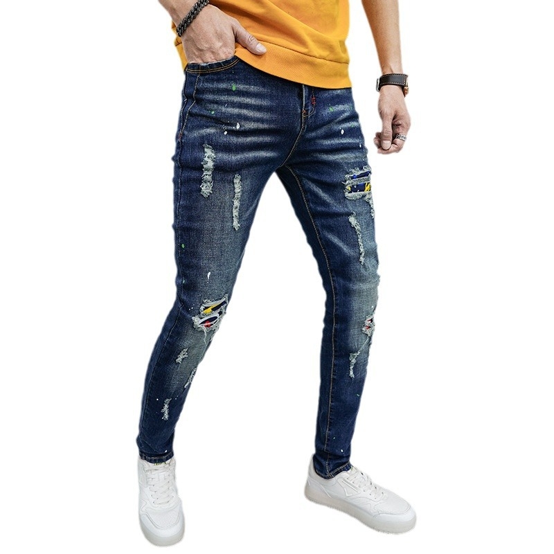 Roztrhané trendy nášivkové džínsy pánske jarné a letné univerzálne nohavice pánske trendy značkové patchworkové slim fit úzke nohavice