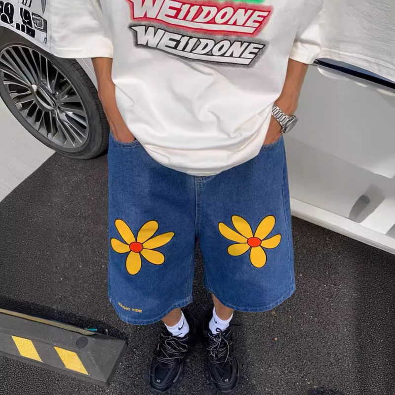 Amerikai divatos, nyomtatott mintás, széles szárú, farmerből készült, rövidített nadrág férfiaknak és nőknek, új, nyári, egyenes szabású, lezser, félszárú nadrág, sokoldalú