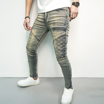 Proljetne i ljetne traper hlače za muškarce, trendi rastezljive tajice s prošivima, moderne, zgodne ukrasne ležerne hlače s patentnim zatvaračem