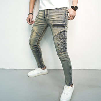 Proljetne i ljetne traper hlače za muškarce, trendi rastezljive tajice s prošivima, moderne, zgodne ukrasne ležerne hlače s patentnim zatvaračem