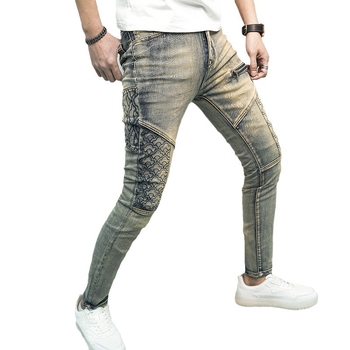 Proljetne i ljetne traper hlače za muškarce, trendi rastezljive tajice s prošivima, moderne, zgodne ukrasne ležerne hlače s patentnim zatvaračem