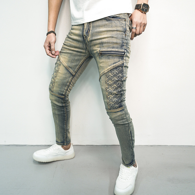 Proljetne i ljetne traper hlače za muškarce, trendi rastezljive tajice s prošivima, moderne, zgodne ukrasne ležerne hlače s patentnim zatvaračem