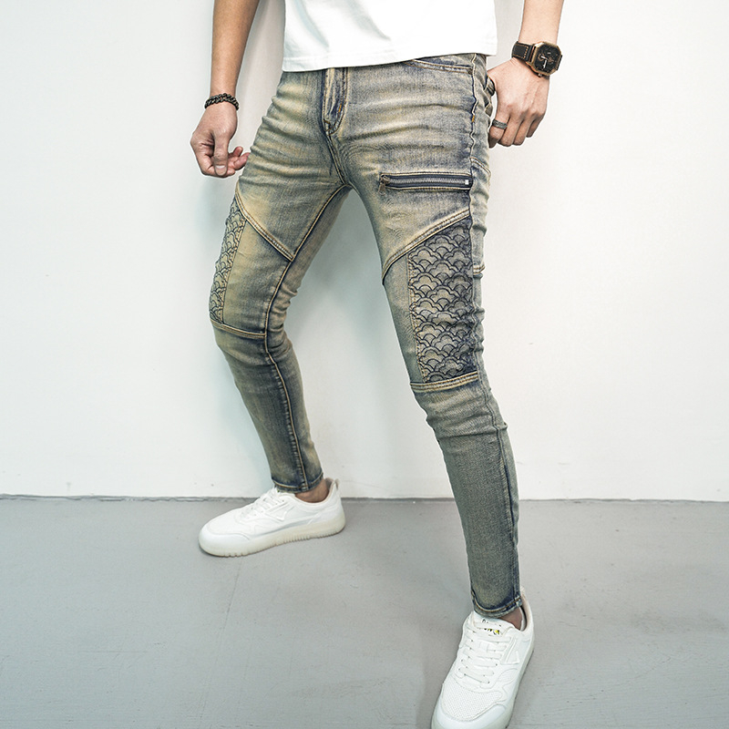 Proljetne i ljetne traper hlače za muškarce, trendi rastezljive tajice s prošivima, moderne, zgodne ukrasne ležerne hlače s patentnim zatvaračem