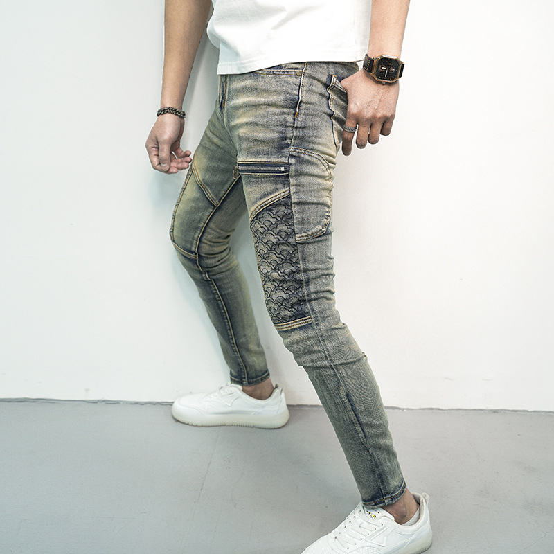 Proljetne i ljetne traper hlače za muškarce, trendi rastezljive tajice s prošivima, moderne, zgodne ukrasne ležerne hlače s patentnim zatvaračem