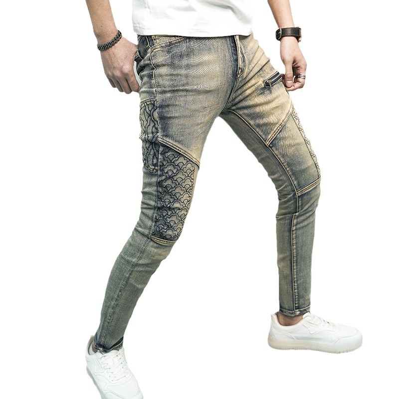 Proljetne i ljetne traper hlače za muškarce, trendi rastezljive tajice s prošivima, moderne, zgodne ukrasne ležerne hlače s patentnim zatvaračem