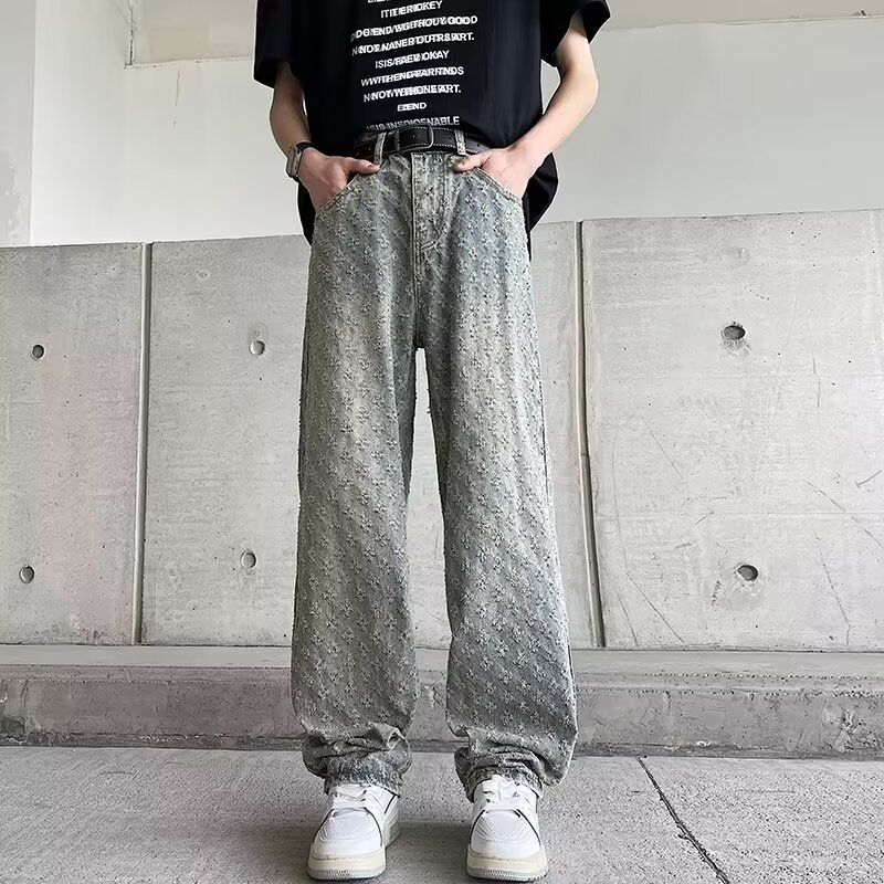 Europske i američke High Street Puppies Handsome Fried Street traperice Muške žakard hlače s punim printom Široke ravne hlače Muške uske hip-hop hlače