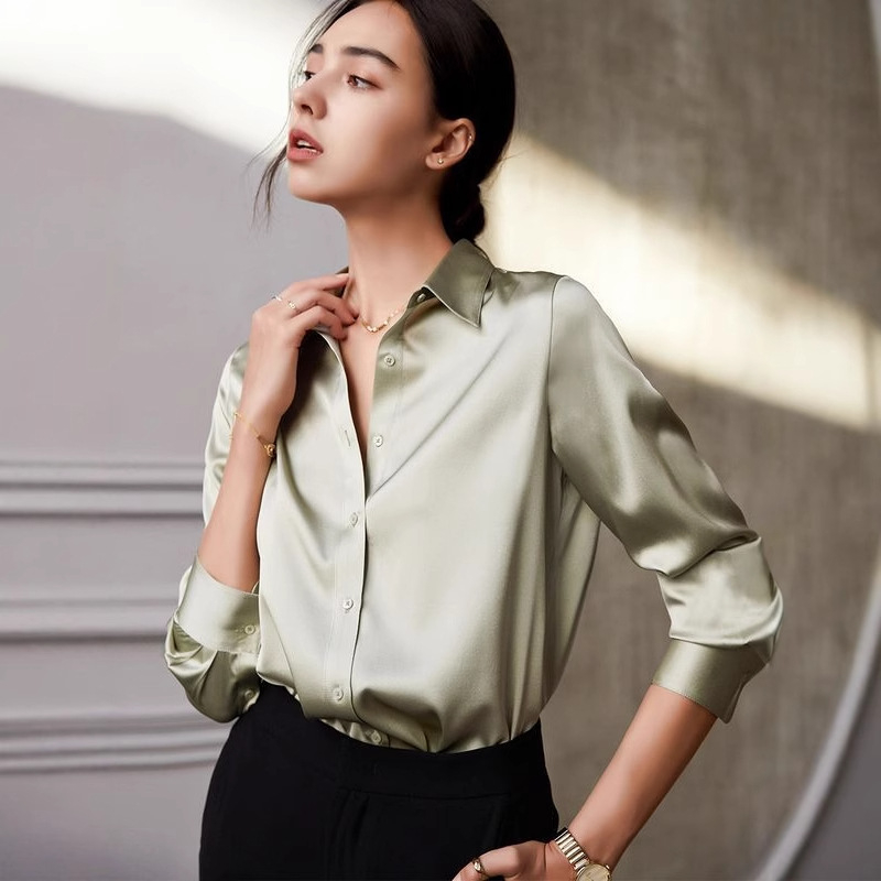 Proljeće 2025. Novi stil satena imitacija dudove svile, top dugih rukava, elegantna košulja od teške imitacije svile poznatih imena za žene s elegantnim osjećajem
