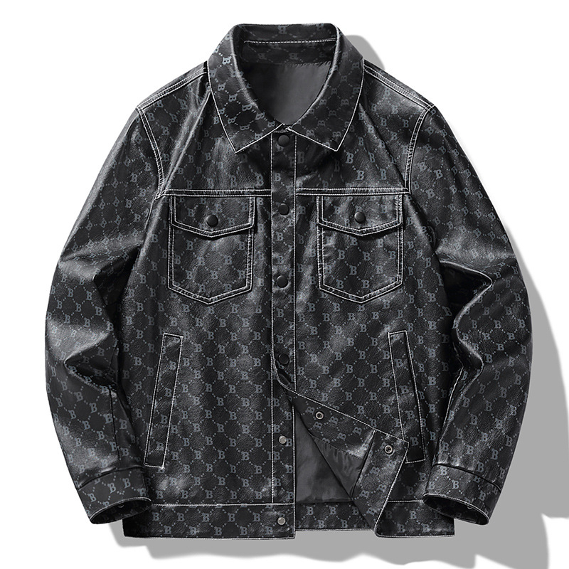 Jesenná a zimná nová pánska PU kožená módna trendy kožená bunda pánska bunda pre mladých a stredných vekových kategórií, všestranný top s písmenovými klopami