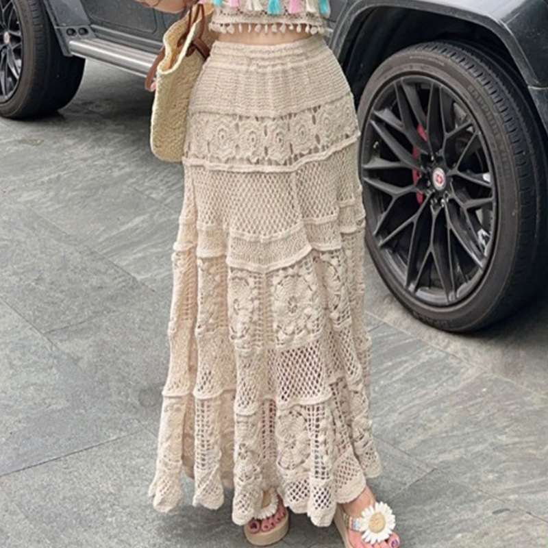 Fustă tricotată cu design gol, stil coreean, retro, franceză, croșetată, delicată, din industrie grea, 2024, fustă A-line 663