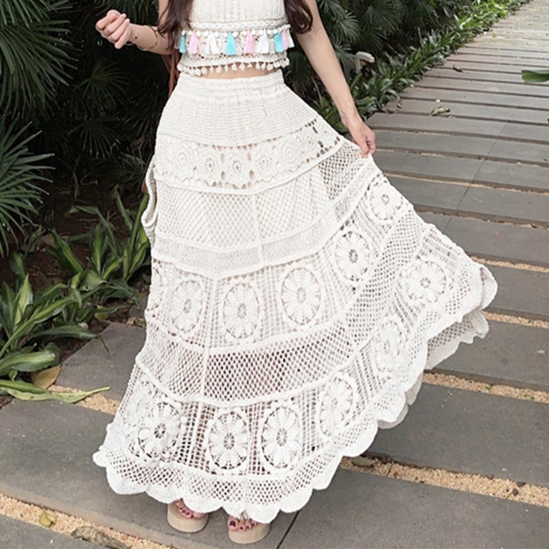 Fustă tricotată cu design gol, stil coreean, retro, franceză, croșetată, delicată, din industrie grea, 2024, fustă A-line 663