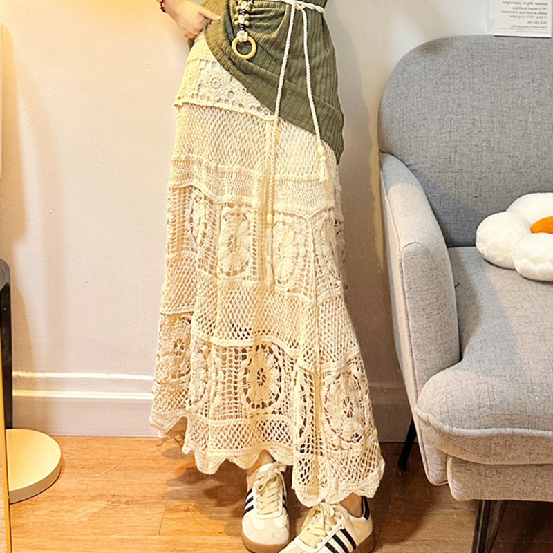 Fustă tricotată cu design gol, stil coreean, retro, franceză, croșetată, delicată, din industrie grea, 2024, fustă A-line 663