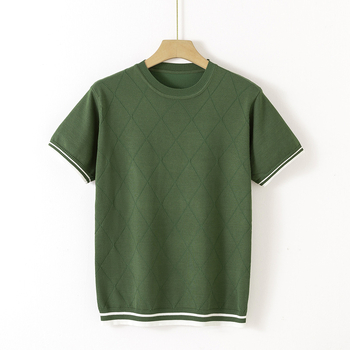 Κοντομάνικο T-shirt για άνδρες, Άνοιξη και Καλοκαίρι Ανδρικό Πλεκτό Μπλούζα με Ζακάρ Καρό, Νεανικό Λεπτό Ριγέ Πουλόβερ με Μισό Μανίκι και Αντίθεση