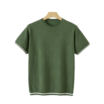 Κοντομάνικο T-shirt για άνδρες, Άνοιξη και Καλοκαίρι Ανδρικό Πλεκτό Μπλούζα με Ζακάρ Καρό, Νεανικό Λεπτό Ριγέ Πουλόβερ με Μισό Μανίκι και Αντίθεση