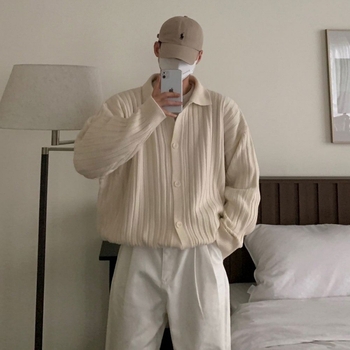 Pánsky jesenný kardigan s pruhmi a klopou MYQ v kórejskom štýle, voľný dizajn, pletený top s nikou