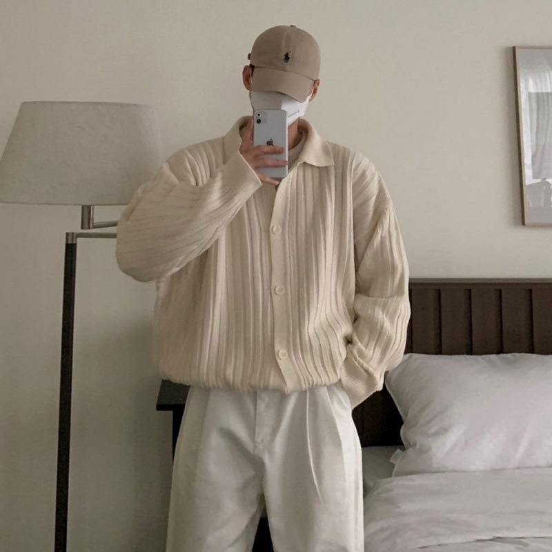 Pánsky jesenný kardigan s pruhmi a klopou MYQ v kórejskom štýle, voľný dizajn, pletený top s nikou