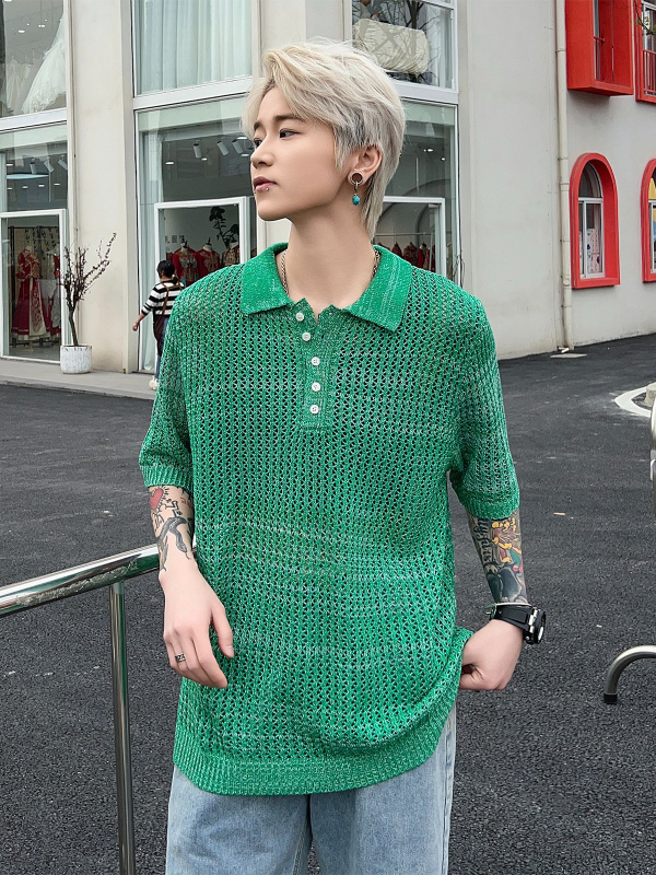 Ljetna zelena polo majica s reverom, pletena majica, majica kratkih rukava, korejska verzija, korejski Dongdaemun, muški modni trendi brend