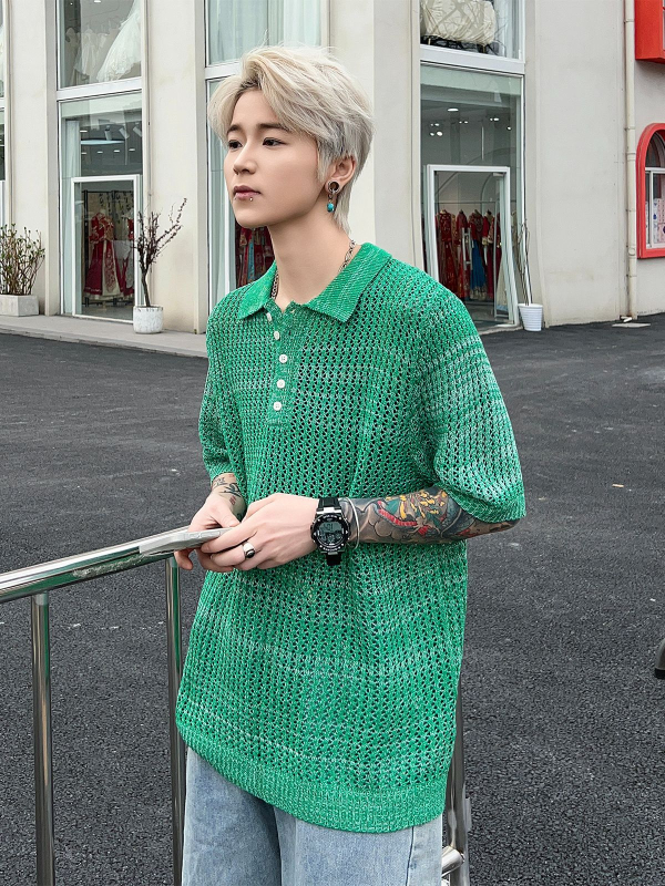 Ljetna zelena polo majica s reverom, pletena majica, majica kratkih rukava, korejska verzija, korejski Dongdaemun, muški modni trendi brend