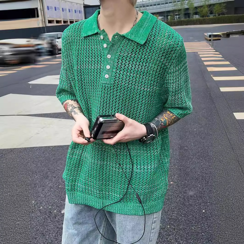 Ljetna zelena polo majica s reverom, pletena majica, majica kratkih rukava, korejska verzija, korejski Dongdaemun, muški modni trendi brend