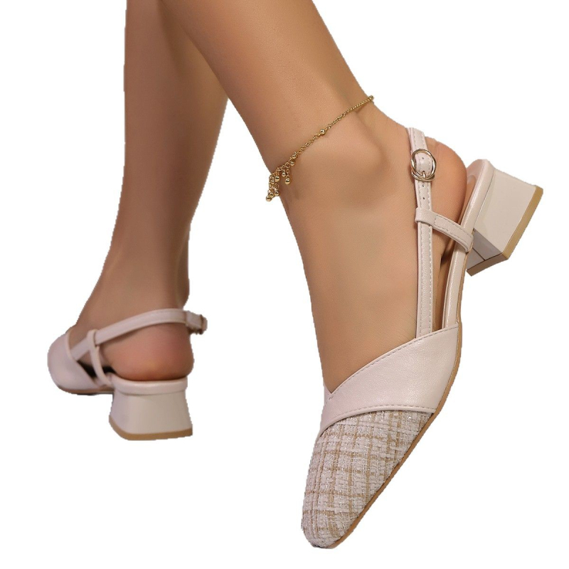 Dámske sandále na strednom podpätku v štýle Chanel Baotou, štvorcové, 2025, letné, nové, s jedným znakom, opasok vzadu, prázdne, módne, hrubé podpätky, jednovrstvové topánky pre ženy