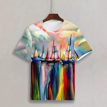 Ανδρικό μοτίβο γκράφιτι τρισδιάστατης εκτύπωσης, παράξενο και ενδιαφέρον σχέδιο εκτύπωσης ιστιοπλοϊκού σκάφους, κοντομάνικο T-shirt για άνδρες