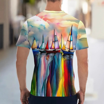 Ανδρικό μοτίβο γκράφιτι τρισδιάστατης εκτύπωσης, παράξενο και ενδιαφέρον σχέδιο εκτύπωσης ιστιοπλοϊκού σκάφους, κοντομάνικο T-shirt για άνδρες