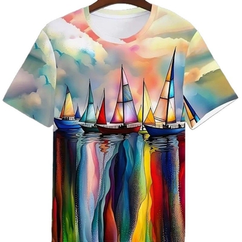 Ανδρικό μοτίβο γκράφιτι τρισδιάστατης εκτύπωσης, παράξενο και ενδιαφέρον σχέδιο εκτύπωσης ιστιοπλοϊκού σκάφους, κοντομάνικο T-shirt για άνδρες