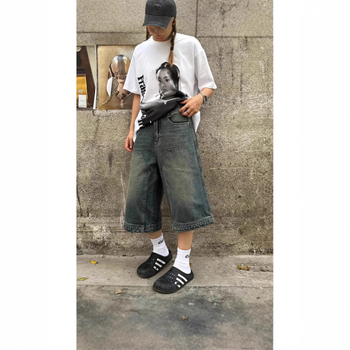 Amerikietiško stiliaus retro stiliaus skalbti džinsiniai šortai vyrams ir moterims, tiesios plačios klešnės, laisvos, laisvalaikio stiliaus, trumpos kelnės.