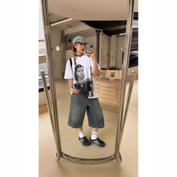 Amerikietiško stiliaus retro stiliaus skalbti džinsiniai šortai vyrams ir moterims, tiesios plačios klešnės, laisvos, laisvalaikio stiliaus, trumpos kelnės.