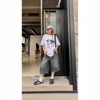 Amerikietiško stiliaus retro stiliaus skalbti džinsiniai šortai vyrams ir moterims, tiesios plačios klešnės, laisvos, laisvalaikio stiliaus, trumpos kelnės.