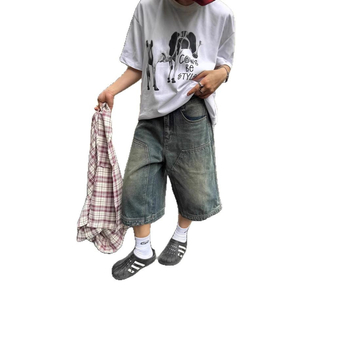 Amerikietiško stiliaus retro stiliaus skalbti džinsiniai šortai vyrams ir moterims, tiesios plačios klešnės, laisvos, laisvalaikio stiliaus, trumpos kelnės.