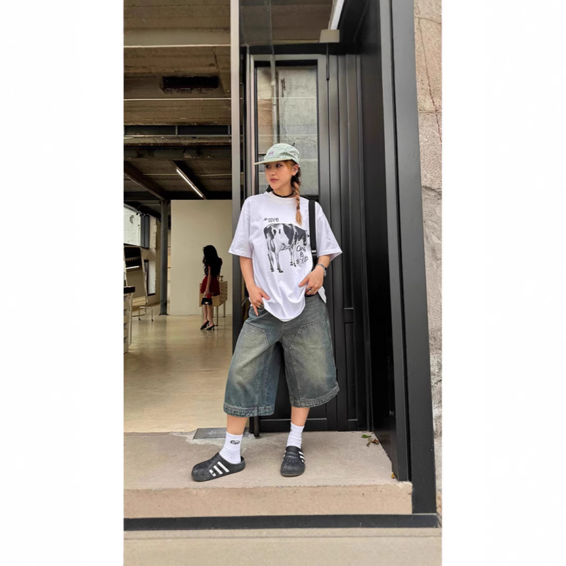 Amerikietiško stiliaus retro stiliaus skalbti džinsiniai šortai vyrams ir moterims, tiesios plačios klešnės, laisvos, laisvalaikio stiliaus, trumpos kelnės.