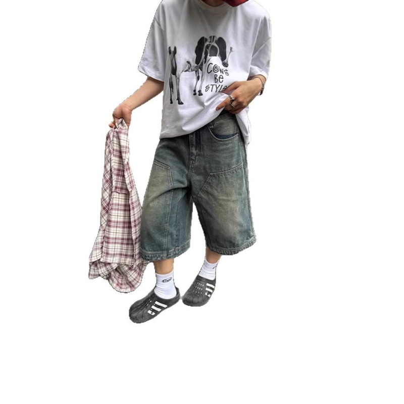 Amerikietiško stiliaus retro stiliaus skalbti džinsiniai šortai vyrams ir moterims, tiesios plačios klešnės, laisvos, laisvalaikio stiliaus, trumpos kelnės.